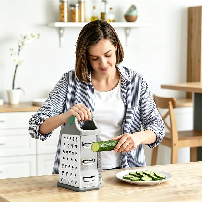 Box grater for kitchen 6 Sided - Cheese Graters Handheld, Stainless Steel Shredder for Food Vegetable Carrot Potato Tomato (Green)