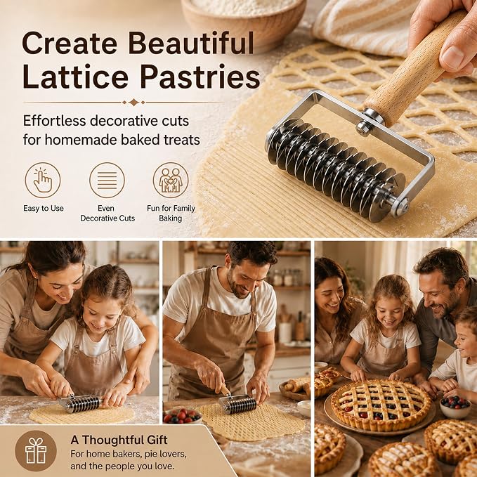 Pastry Lattice Roller Cutter, Stainless Steel Multi-Wheel Dough Cutter with Wooden Handle, Pie Crust Strip Cutters for Pastry, Pizza Dough, Bread & Beef Wellington