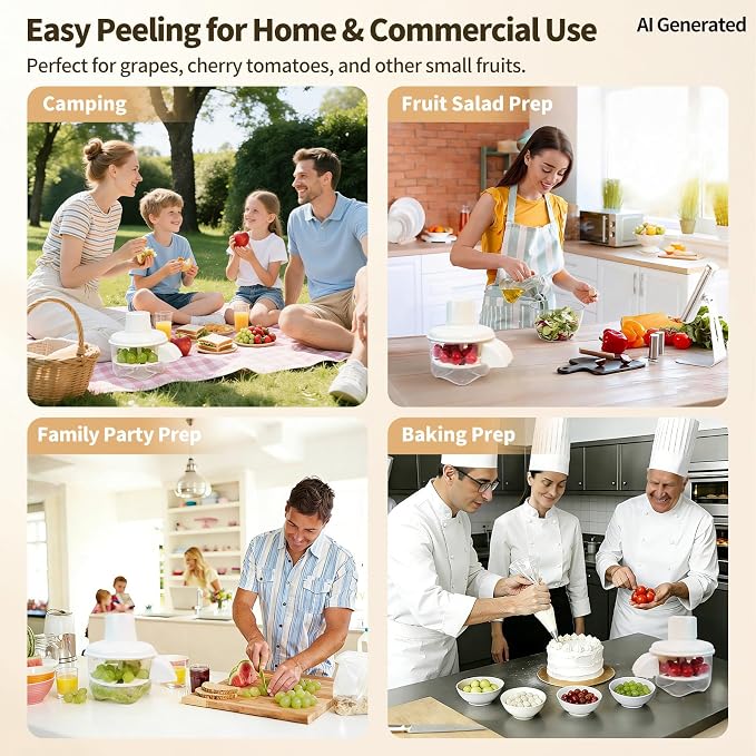 Electric Grape Peeler, Automatic Garlic & Cherry Tomato Peeler, Upgraded 6-Blade Cordless Fruit & Vegetable Skin Remover, Fast & Easy-Peel Kitchen Tool for Home, Camping, Picnics & Parties (White)