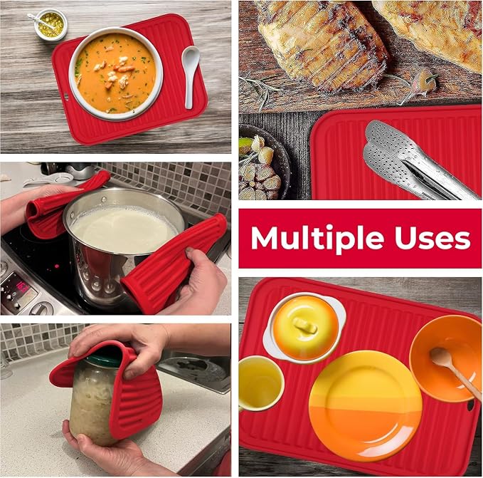 Silicone Trivets for Hot Dishes, Pots, Pans (4 Pack) - Heat-Resistant Pot Holders for Kitchen Countertop Mats - Silicone Trivet Mat (9 x 12 Inch) - Multipurpose Counter Pads (Red)