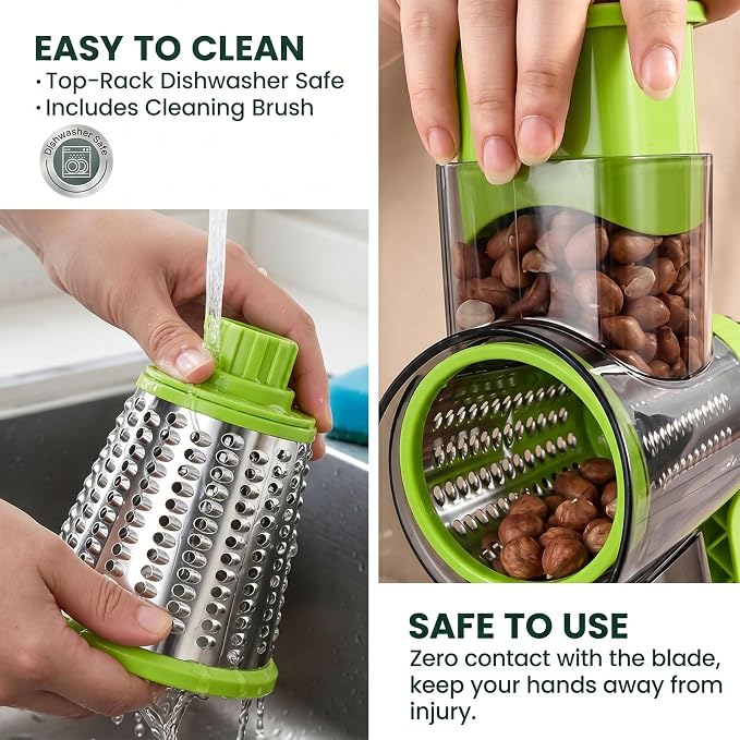 HANSGO Rotary Cheese Grater, 3 Stainless Steel Blades, Labor-Saving Handle, Strong Suction Base, for Cheese, Vegetables, Nuts, Chocolate & Fruits, Ideal for Family Meals, Salads, Pasta & Easy Cleanup