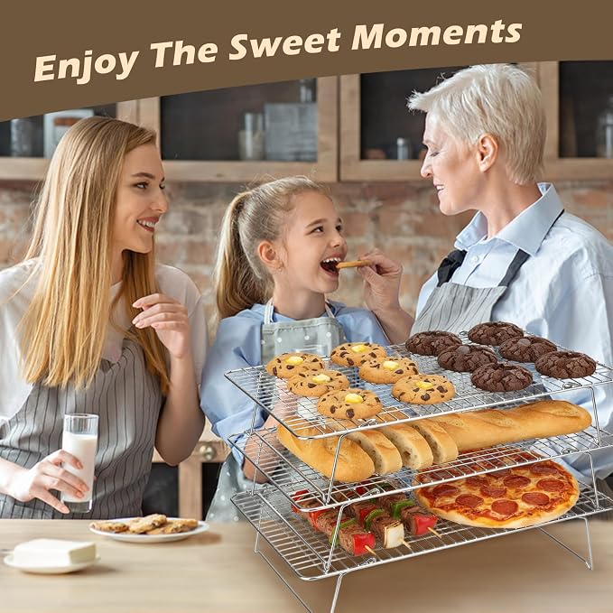 Pleafind 3 Pieces Stackable Cooling Rack - 16 x 10 Inch Wire Rack, 0.43" Dense-Grid Cooling Racks for Cooking, Baking, Roasting, Grilling, Oven and Dishwasher Safe, Silver