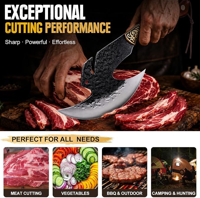 Topfeel Hand Forged Viking Knife 6.2" Meat Cleaver with Sheath, Chinese Kitchen Axe Boning Knife for Meat Cutting, High Carbon Steel Butcher Knife Home Outdoor BBQ Camping Birthday Gifts for Men Dad