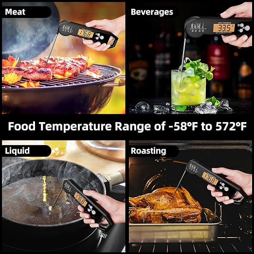 Meat Thermometer Waterproof Food Thermometer with Backlight and Calibration for Kitchen, Outdoor Grilling and BBQ (Black)