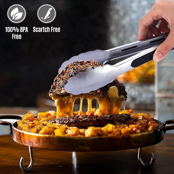 Stainless Steel Kitchen Tongs with Silicone Tips,Stainless Steel Tongs for Cooking, Grilling, BBQ & Serving, Grill Tongs, Non-Stick and Dishwasher Safe (Pack of 2 Black & Silver)