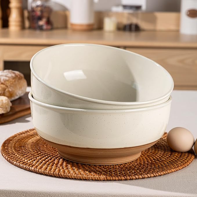 AmorArc 9.8’’ Ceramic Serving Bowls, 3.1 Qt Extra Large Salad Bowls Set of 2, Stoneware Oversized Bowls with Rustic Terracotta Underside for Salad, Soup and Dinner. Large Bowls for Entertaining &Gift