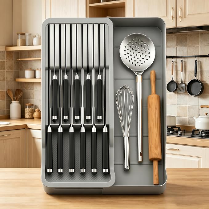 RIIPOO Expandable Drawer Knife Organizer, Adjustable Kitchen In-Drawer Knife Block Holder