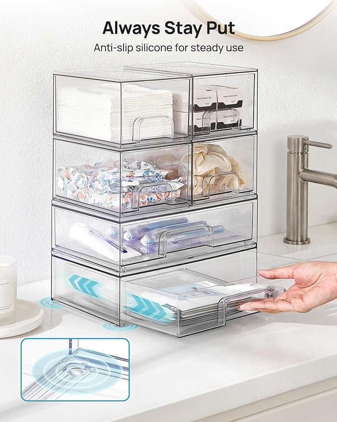 Vtopmart Clear Stackable Storage Drawers Set of 5, Plastic Organizer Bins | Multi-purpose Boxes for Bathroom Accessories, Beauty Supplies, Ideal for Cabinet, Shelf, Pantry, Laundry Room Organization