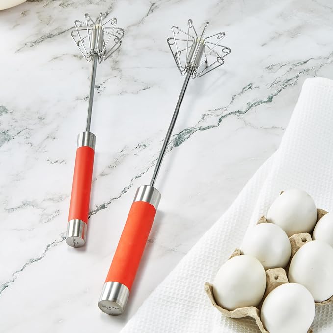BergHOFF Essentials 2Pc Stainless Steel Miracle Whisk Set, Rotate Balloon Head, Soft-touch Handle, Beating Eggs, Dough, Mixing, Stirring, Red