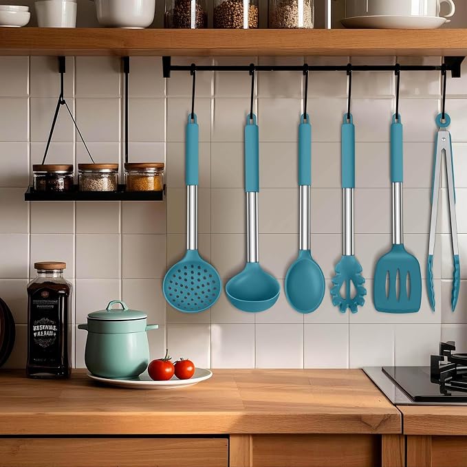 LIANYU Silicone Kitchen Cooking Utensils Set, 6Pcs Heat Resistant Kitchen Tools Spatula for Nonstick Cookware, Slotted Turner, Spoon, Soup Ladle, Pasta Server, Skimmer, Tongs, Blue