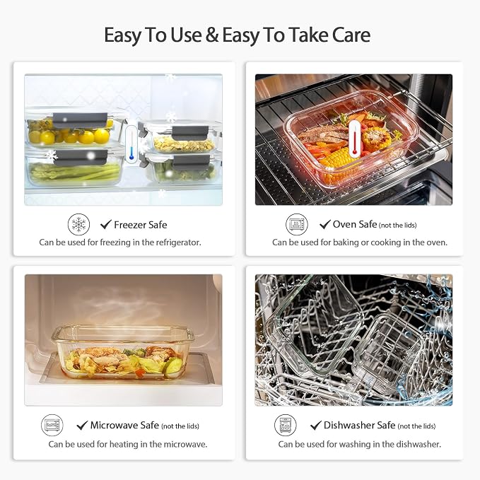 AILTEC Glass Food Storage Containers with Lids, 10 Pack Meal Prep Set | 12.5oz/35.5oz Rectangle Set, Borosilicate Glass, Leak Proof, Oven, Microwave & Freezer Dishwasher Safe, BPA Free