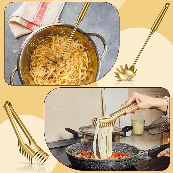 Patelai Stainless Steel Spaghetti Spoon and Pasta Tongs Set, Long Handle Noodle Server Tools with Drain Holes, Non-slip Grip for Cooking, Serving Pasta and Noodles