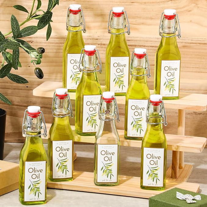 Havawish 16 Pcs 8 oz Mini Olive Oil Bottles Homemade Swing Top Clear Flip Top Bottles with Airtight Lids Labels for Storing Homemade Olive Oil Wedding Baby Shower Favors(Square)
