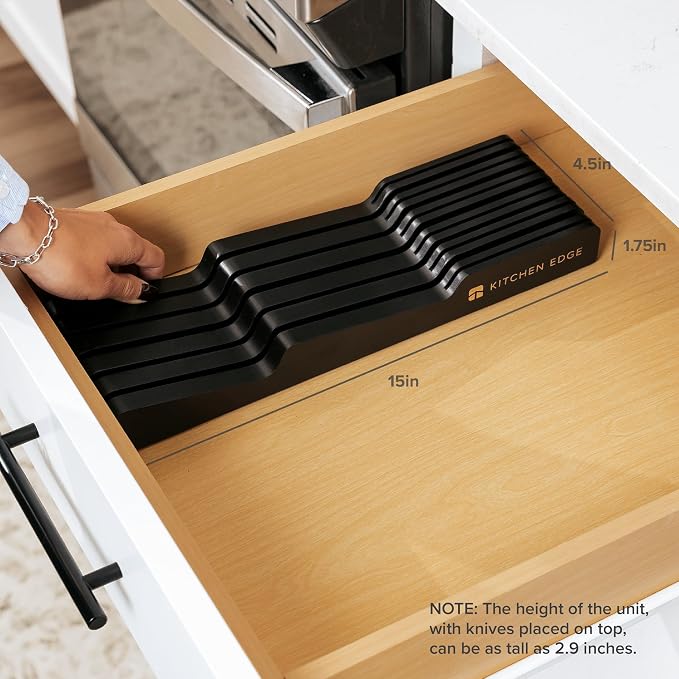 KitchenEdge Black Knife Drawer Organizer Insert - Knife Block Holder, Holds 5 Long + 6 Short Knives (Not Included), Fits Most Sizes, Non-Slip Feet, 100% Sustainable Bamboo, Food-Safe Black Finish
