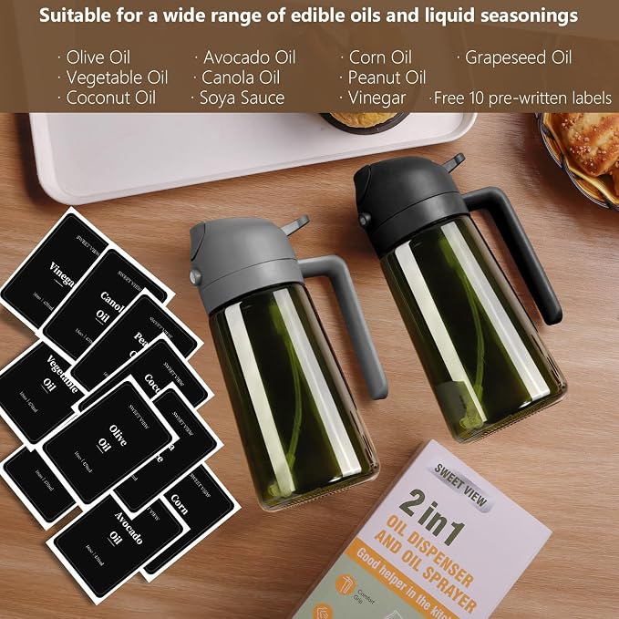 SWEET VIEW Olive Oil Sprayer for Cooking 16oz/470ml | Glass Light-Proof Oil Pourer for Kitchen with Stickers for Air Fryer, Cooking, Salad, BBQ with Stickers