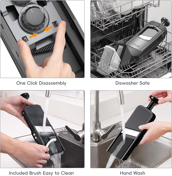 Jonscook 7-in-1 Safe Mandoline Slicer for Kitchen, Vegetable Slicer with Container, Veggie Chopper Cutter, Upgraded Tray & Stainless Steel Grater & Basket & Lid & Cleaning Brush (Black Knight Pro)