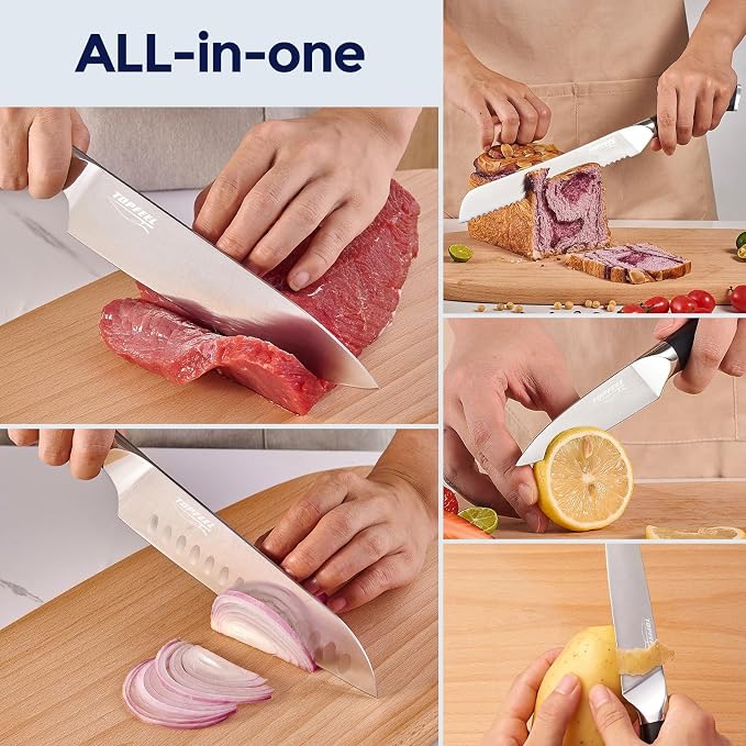 Topfeel 6Pcs Kitchen Knife Set with In-Drawer Bamboo Knife Organizer- 3.5-8 Inch Set Kitchen Knives German High Carbon Stainless Steel Sharp Knife, Knives Set for Kitchen with Ergonomic Handle