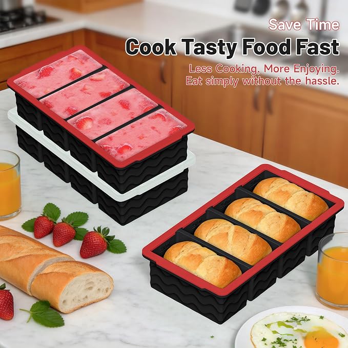 3-Pack Silicone Freezer Trays with Lid, Soup Freezer Container Molds, Silicone Freezer Molds, Ice Cube Tray for freezing Soup Sauce Broth Leftovers, Dishwasher & Oven Safe (1-cup,red)