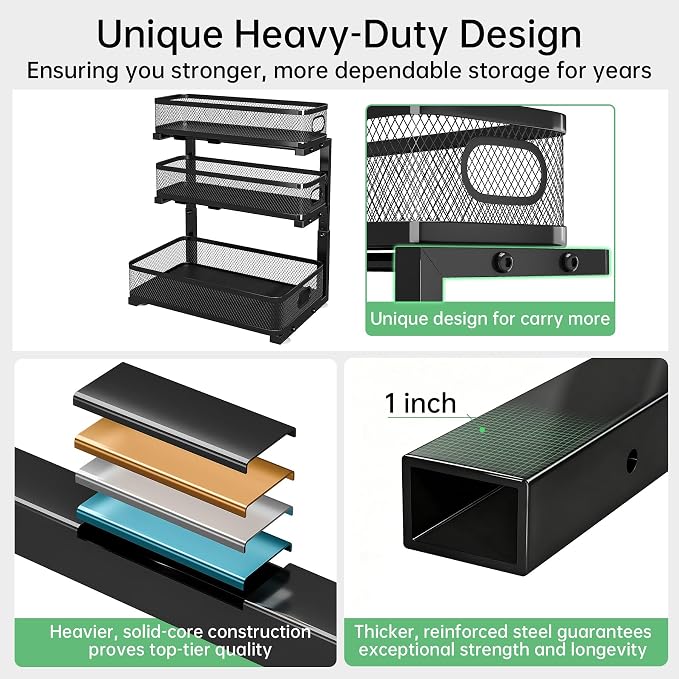 3-Tier Under Sink Organizer, Pull Out Cabinet Organizer for Kitchen & Bath | Height Adjustable, Heavy Duty Carbon Steel Holds 60 lbs, Rust-Proof Fits Kitchen Cabinet, Bathroom, Pantry & Laundry