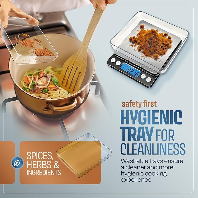 PORTENTUM Digital Kitchen Scale 500g/0.01g - Food or Mail, Electronic, Stainless Steel, Measuring Function for Liquid in ml and fl. oz., Precision Scale
