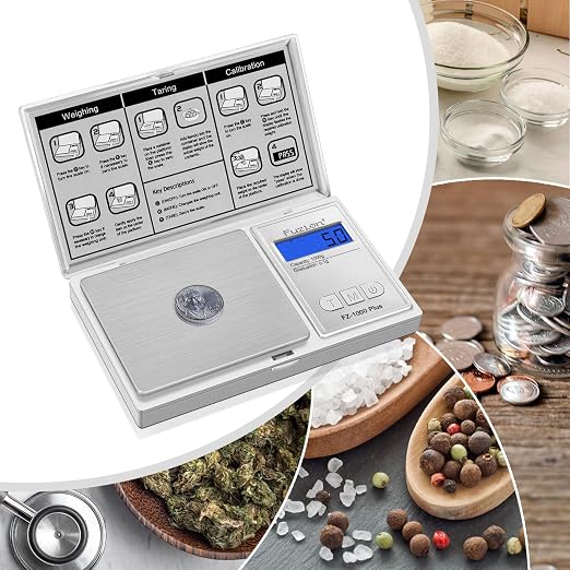 Fuzion Digital Pocket Gram Scale 0.1g/1000g - Small Kitchen Scale with Tray | Weighs Small Food, Spice, Herb, Coin - Easy of Use, LCD Display, Tare Function, 6 Modes Ounces Grains, Batteries Included