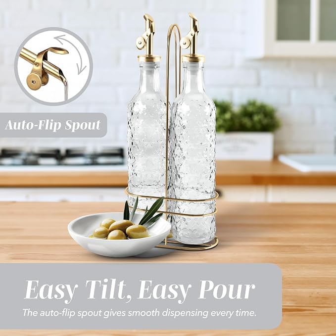 COOK WITH COLOR Glass Olive Oil Bottle Dispenser - 2 Pack- 17oz Oil and Vinegar Cruet - Olive Oil Carafe Decanter for Kitchen, Floral, Clear