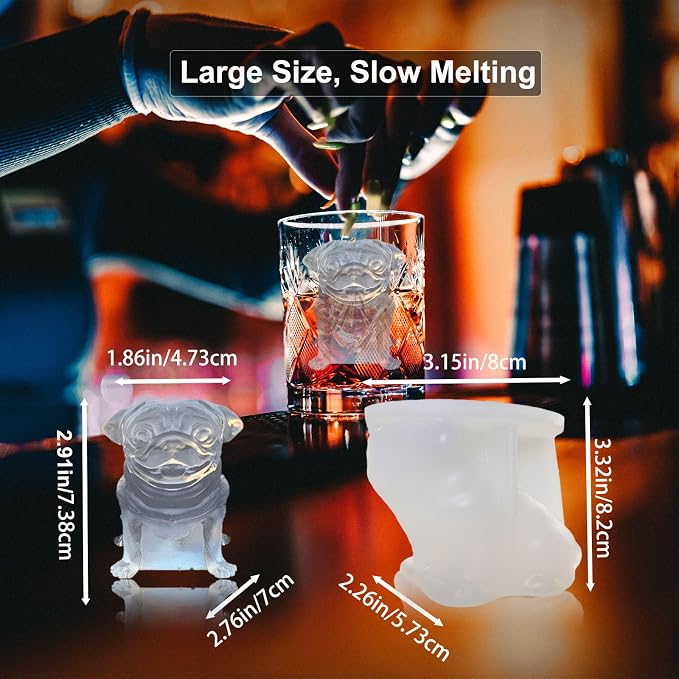 3D Pug Dog Ice Cube Silicone Molds Tray for Whiskey, Cocktail, Drink Decor, Bar; Rich Details. Fun Animal Shape Large Dogs Candle Epoxy Resign Mold; Pug Gifts for Women Kids Puppy Lover, 2 Pack