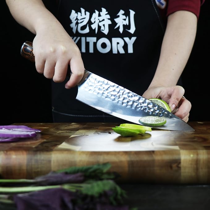 Kitory Chef Knife 8 Inch Professional Japanese Kitchen Knife HC Stainless Steel Hammered Ultra Sharp Blade Ergonomic Bamboo Handle for Home Restaurant Gift