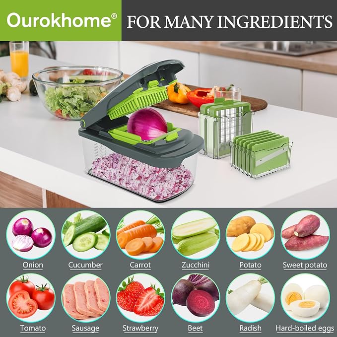 Ourokhome Vegetable Chopper with Container, 8-Blade Onion Chopper & Mandolin Slicer, 2-Lid Food Dicer with Safety Lock, Veggie Shredder Grater for Kitchen Meal Prep, Kitchen Gadgets (8 in 1, Gray)