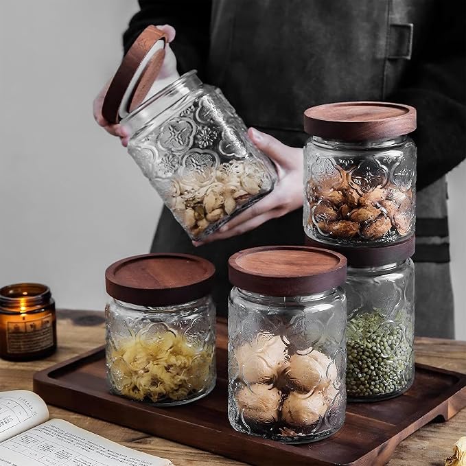 Glass Storage Jars With Airtight Lid, 23.7oz Container For Kitchen Counter with Wooden Lid, brown sugar, candy, coffee, cookie, salt, tea, cute Jar (35oz Large Begonia Flowers)