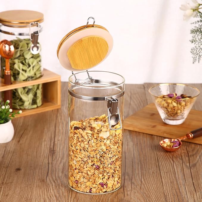 Glass Coffee Storage Container with Bamboo Shelf, 2PCS 49oz Airtight Sealed Coffee Bean Jar with Clamp Lid & Measuring Spoon, Kitchen Pantry Canister Set for Ground Coffee Sugar Tea Flour