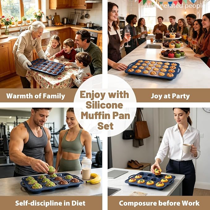 2 Pack Silicone Muffin Pan 12 and 24 Cup with Metal Frame,Non Stick Silicone Mini Cupcake Pan with Handles, BPA Free Silicon Regular Muffin Tin Tray Small for baking, egg bites, Mold Grey