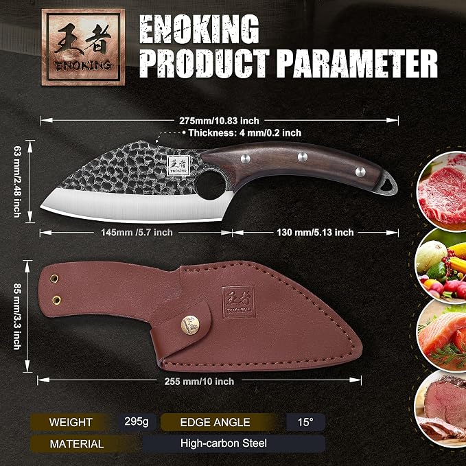 ENOKING Viking Boning Knife with Sheath, 6.1" Japanese Kitchen Knife for Meat Cutting, Hand Forged Chef Knife Meat Cleaver for Kitchen, Camping, Outdoor