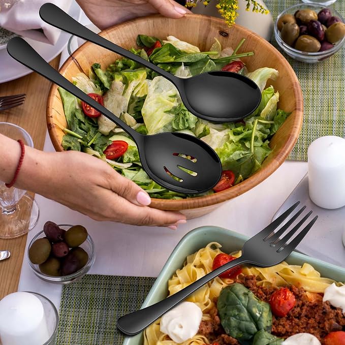 Homikit Large Black Serving Spoons Forks Set of 6, Stainless Steel Serving Utensils for Catering Buffet Banquet Party Kitchen Restaurant, 9.8 Inch Big Metal Hostess Set, Dishwasher Safe
