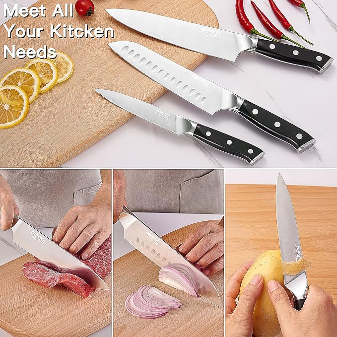 Topfeel Professional Chef Knife Set Sharp Knife, German High Carbon Stainless Steel Kitchen Knife Set 3 PCS-8" Chefs Knife &7" Santoku Knife&5" Utility Knife, Knives Set for Kitchen