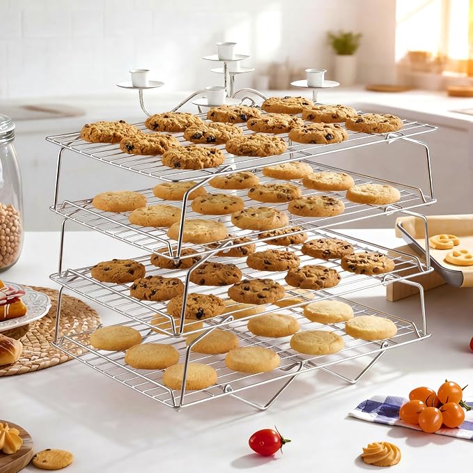 LIANYU Cooling Rack 15"x10", 4-Tier Stackable & Collapsible Stainless Steel Baking Wire Racks for Cooking, Baking, Roasting, Drying, Oven & Dishwasher Safe, Silver