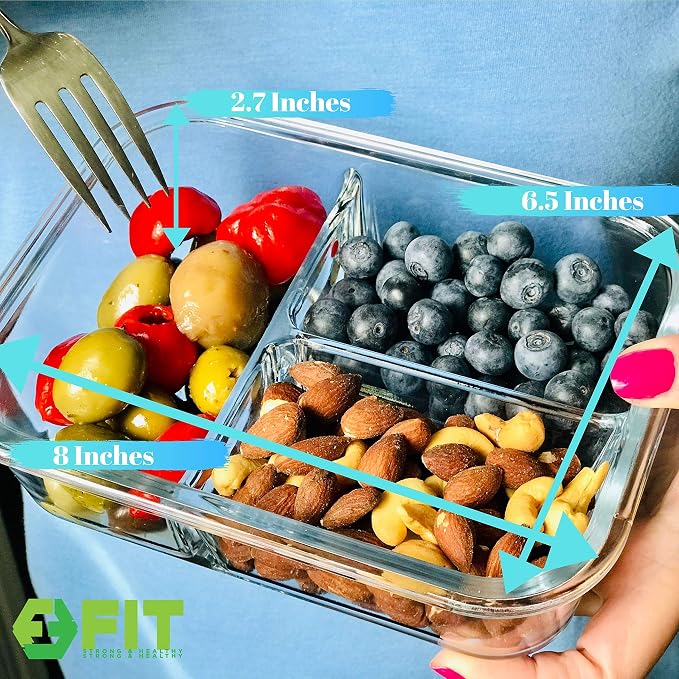 Glass Meal Prep Containers 3 Compartment, 3 Pack 32 oz Leakproof Lids Blue | Glass Bento Box for Portion Control, Airtight Snap-Lock, BPA-Free, Microwave Oven Freezer Dishwasher Safe Lunch Containers
