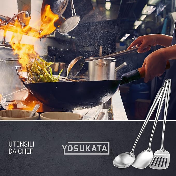Yosukata 17" Wok Spatula and Ladle and Turner Spatula - Stainless Steel Cooking Utensils Set of 3-304 Stainless Steel Kitchen Utensils Set - Dishwasher Safe Wok Accessories - Cooking Tools