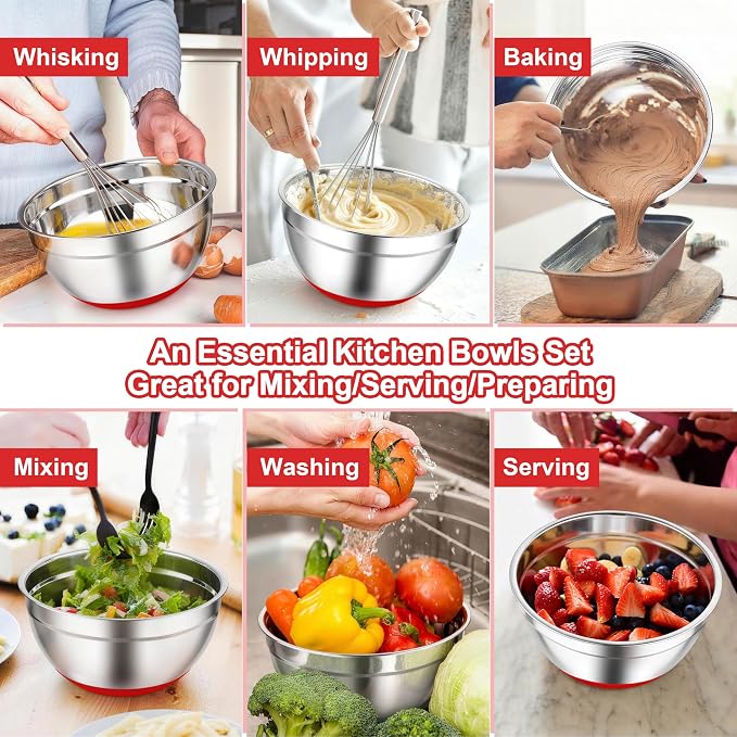 TeamFar Mixing Bowls, Red Mixing Bowls with Lids Set, Stainless Steel Nesting Salad Bowl with Air-tight Lid & Silicone Bottom, Non Slip & Stackable - Set of 6-4.6/2.6/2 / 1.5/1 / 0.7 Qt