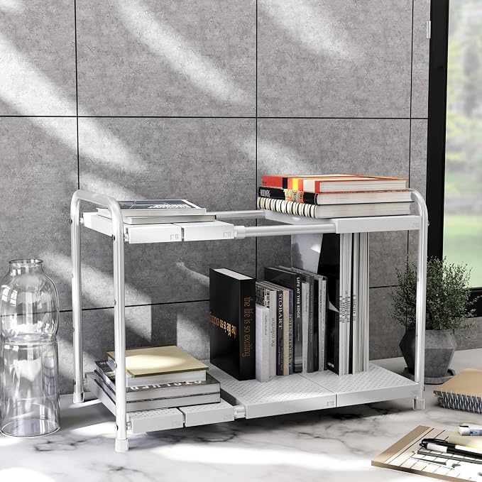 Simple Houseware Under Sink 2-Tier Heavy Duty Expandable Organizer, White | Adjustable Width 15.75–25 Inches with 4 Shelf Height Levels