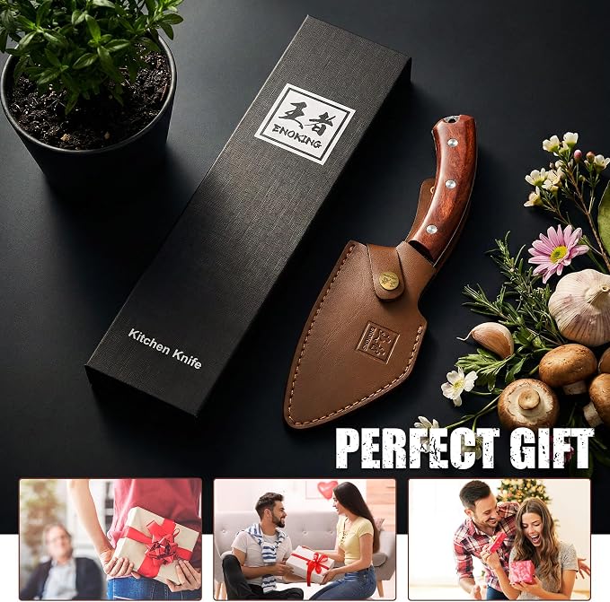 ENOKING 6.1 Inch Meat Cleaver Knife with Sheath, Hand Forged Butcher Knife for Meat Cutting, Full Tang Chef Knife for Kitchen, Outdoor Cooking, Camping, BBQ, with Gift Box