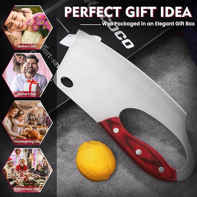 ROCOCO Easy Handle Meat Cleaver - Effort Saving Chef Knife Unique Professional for Kitchen Cutting Meat Vegetable Gift Red Full Tang Stainless Steel 7.48"