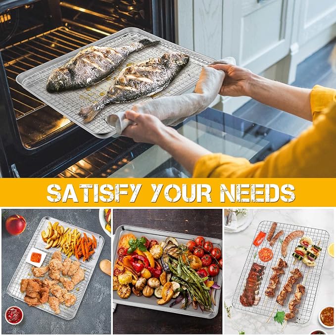 P&P CHEF 12.5 Inch Toaster Oven Pan Tray with Wire Rack, 2 PCS | Baking Sheet Pan + Cooling Rack for Cooking/Roasting, Dishwasher Safe & Rust Free, Non-toxic & Sturdy