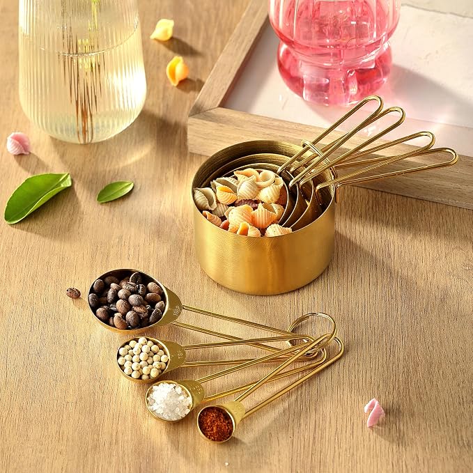 Measuring Cups and Spoons Set, Kaloo 8PCS Stainless Steel Metal Measuring Cups, Gold Finish, Ideal for Cooking and Baking