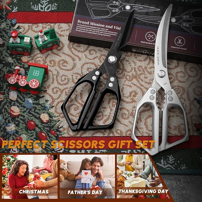 Kitchen Scissors Set - Stainless Steel Kitchen Shear, Sharp Meat Scissors Dishwasher Safe, Heavy Duty Poultry Shears, Japanese Cooking Scissor for Food, Chicken Bones, Christmas Gift for Men