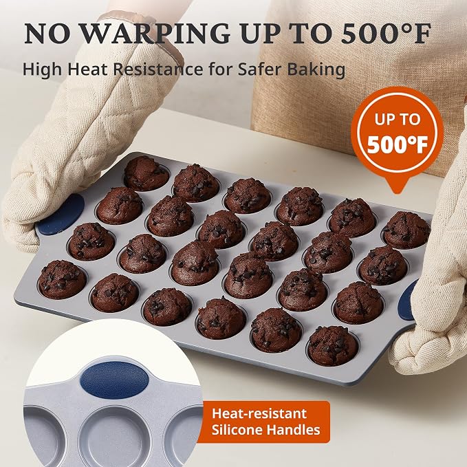 BRONYPRO Ceramic Mini Muffin Pan, 24-Cup Nonstick Aluminized Steel Mini Cupcake Pans, Healthy Non-Toxic Ceramic Coating Muffin Tin, 2 Pack Cup Cake Pans for Baking Blue