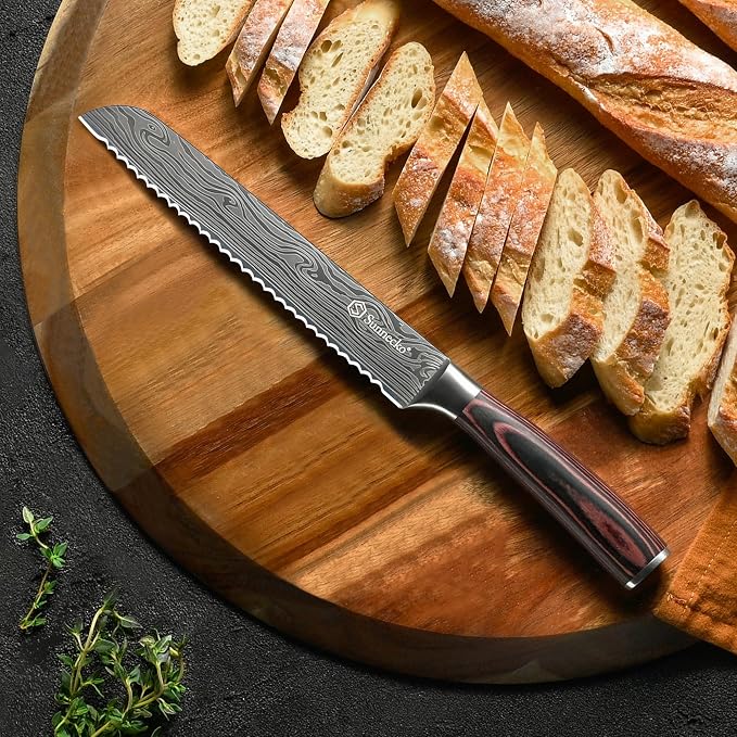 Sunnecko 8 Inch Bread Knife - High Carbon German Steel Serrated Bread Knife for Homemade Sourdough & Crusty Loaves, Ultra Sharp Kitchen Knife with Sheath, Professional Cake Slicer Gift for Mom and Dad