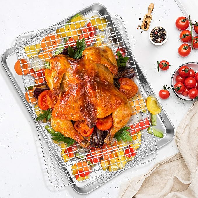 TeamFar Cooling Racks, 2 Pack 15.3" x 11.2" Stainless Steel Grid Wire Rack for Baking Roasting Grilling Drying, Metal Mesh Oven Rack for Chicken Bacon Cookies, Non-Toxic & Dishwasher Safe