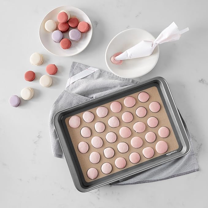 Amazon Basics Silicone Baking Mat for Macarons, Non-Stick, Food Safe, Reusable, Oven-Safe, 16.5" x 11.6", Beige/Gray, 2-Pack
