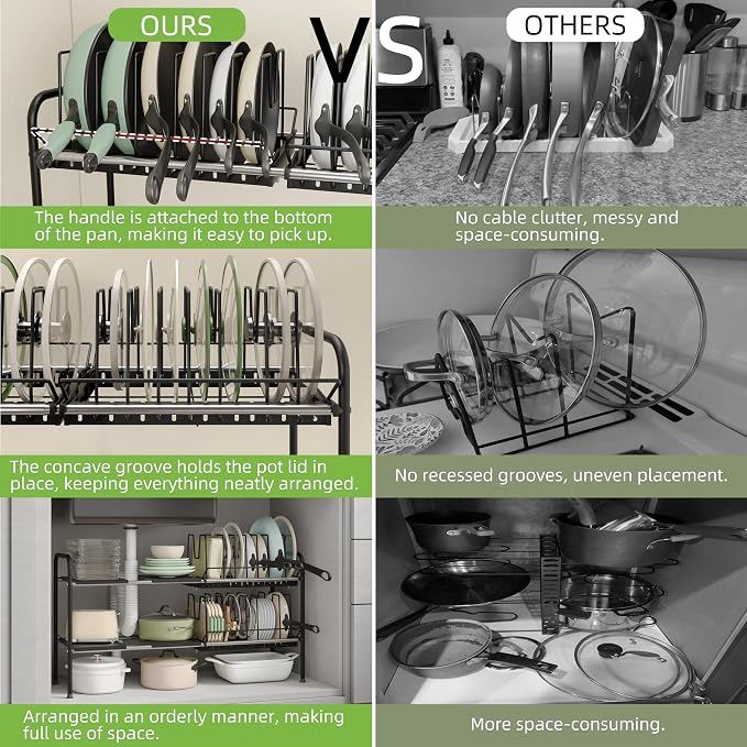 Expandable Under Sink Organizer,Pot and pan Organizer Under Cabinet | Pan Lid Organizer,Expandable Storage shelf with 2 Pan Racks(14 Dividers)and 4 Removable Panels,Adjustable partition height